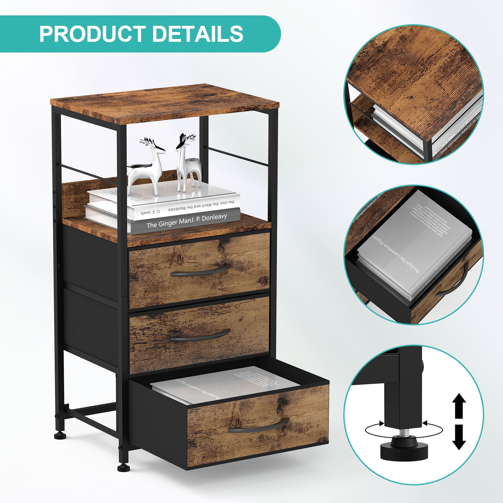Nightstand for Bedroom End Side Table with 3 Drawers and Open Shelf Wood, Brown