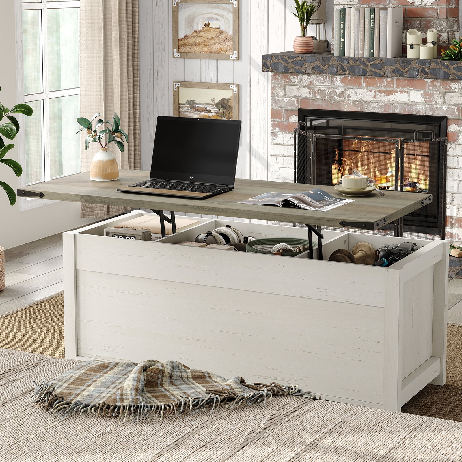 Furnihold 47.3''Lift Top Coffee Table, Farmhouse Center Table with Large Storage & Sliding Barn Doors, Modern Rectangular White Cocktail Table for Living Room, Grey Top