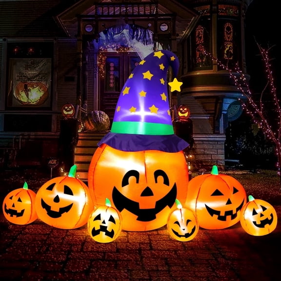 Yexmas 8.7ft Halloween Inflatables Pumpkins 7 Blow Up Decor with Witches Hat, Built-in LED Lights for Halloween Party, Yard, Garden, Lawn