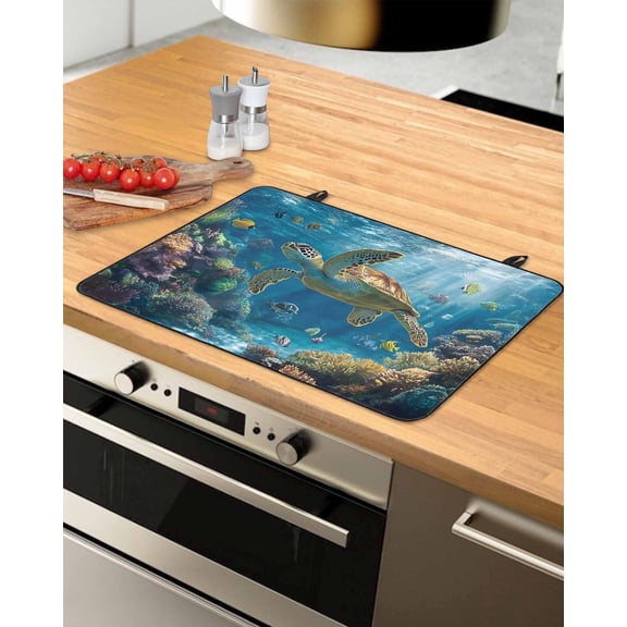 nqOlkjepod Large Induction Cooktop Protector Mat 31"x24", Coastal Turtle Stove Top Covers for Electric Stove, Turquoise Tropical Ocean Animal Coral Stove Burner Cover Mats, Glass Top Stove Cover