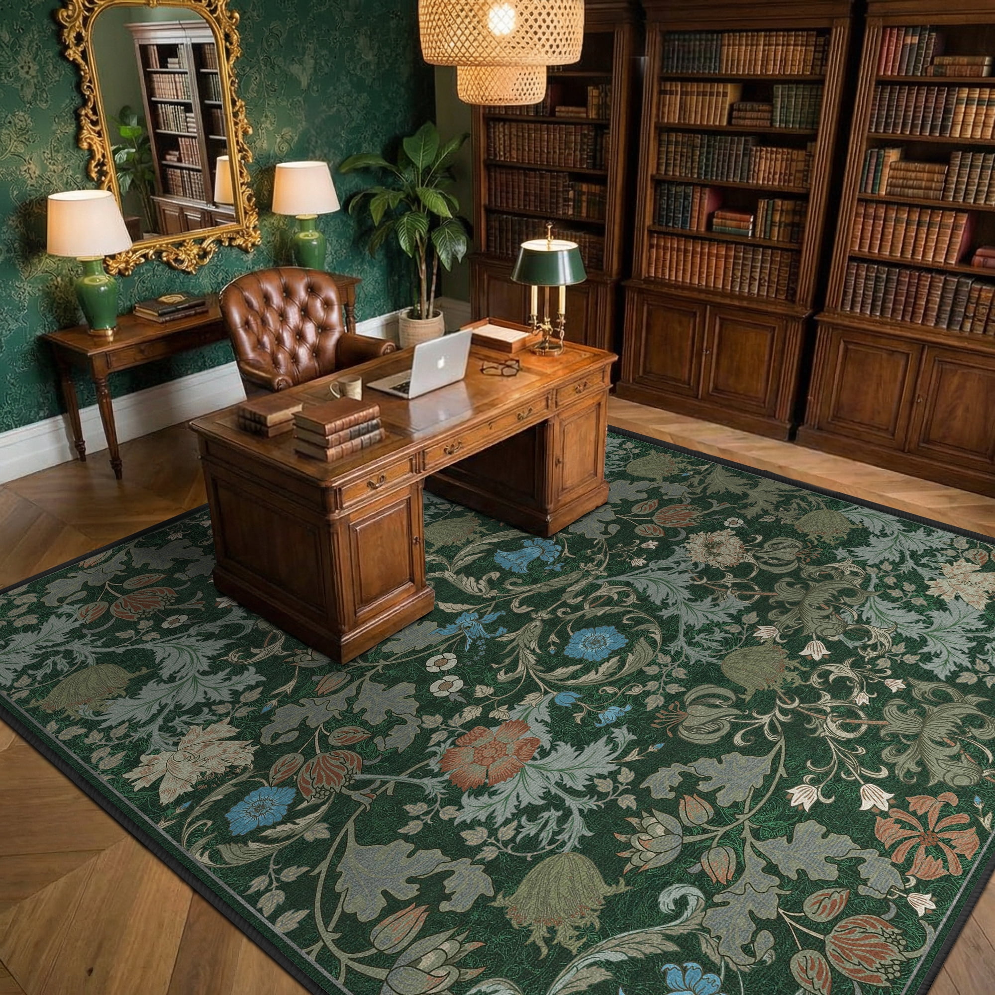 ATHOPE Floral 5x7 Area Rug, Machine Washable Rugs Soft Non Slip Low Pile Rugs for Living Room Bedroom Nursery Kitchen Dining Room Indoor, Large Floral Print Pattern Carpet, Forest Green