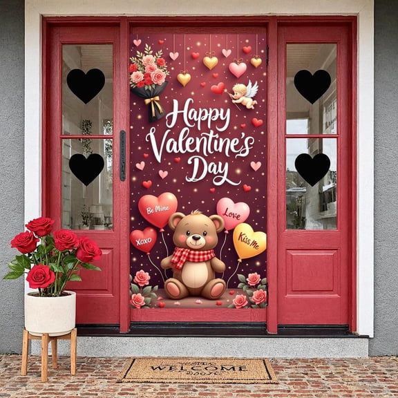 Heart-shaped Valentine's Day Banner Rose Decor Love Display Red Pink Theme Gold Sparkle Heart Backdrop for Valentine's Day Party Romantic Date Anniversary Celebration