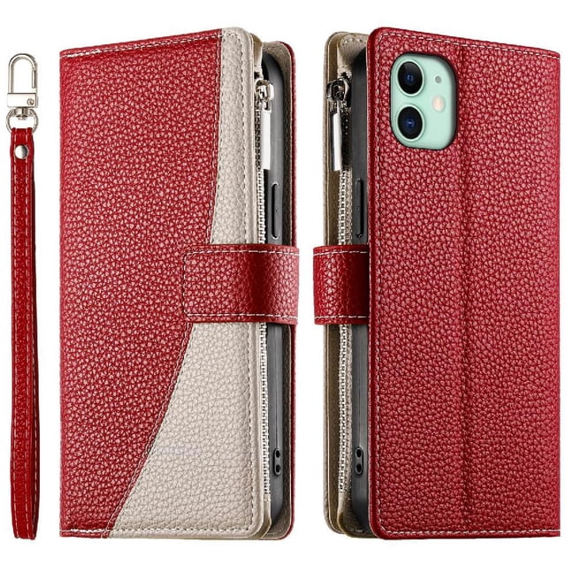 Funda cartera GANGXUN para iPhone 11 , cuero PU con tarjetero, cremallera, correa de mano, soporte y protección 539°