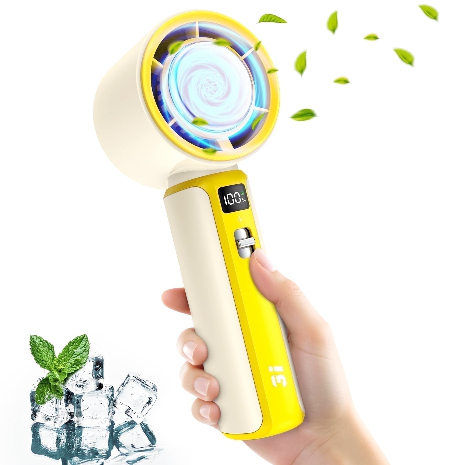 Portable Handheld Fan, 100 Speed Electric Personal Fan Rechargeable with LED Display and Ice Sense Chip to Ice High-Speed Mini Turbo Fan for Outdoor Home