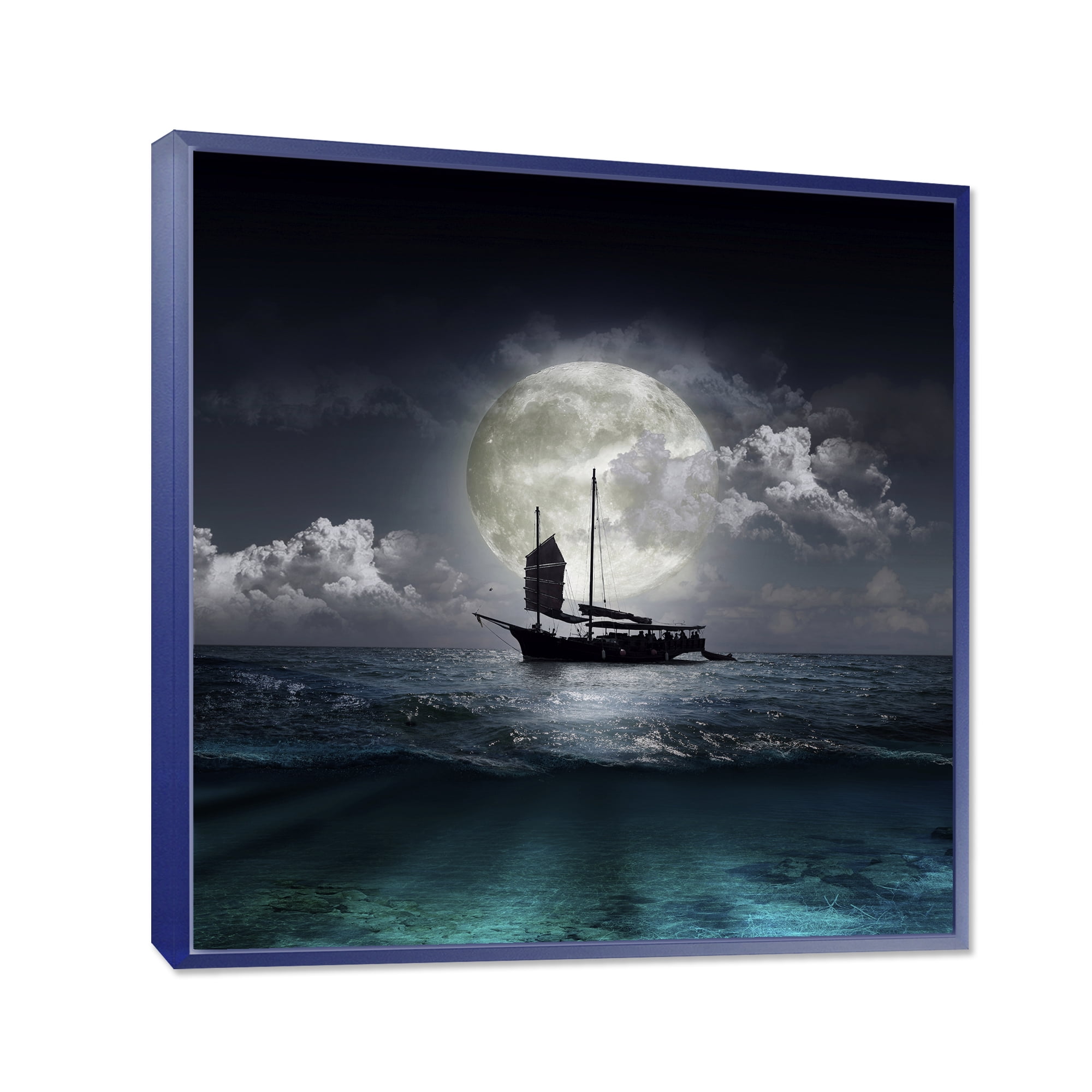 Designart 'The Lake During Full Moon With Fisher Boat' Nautical & Coastal Framed Canvas Wall Art Print