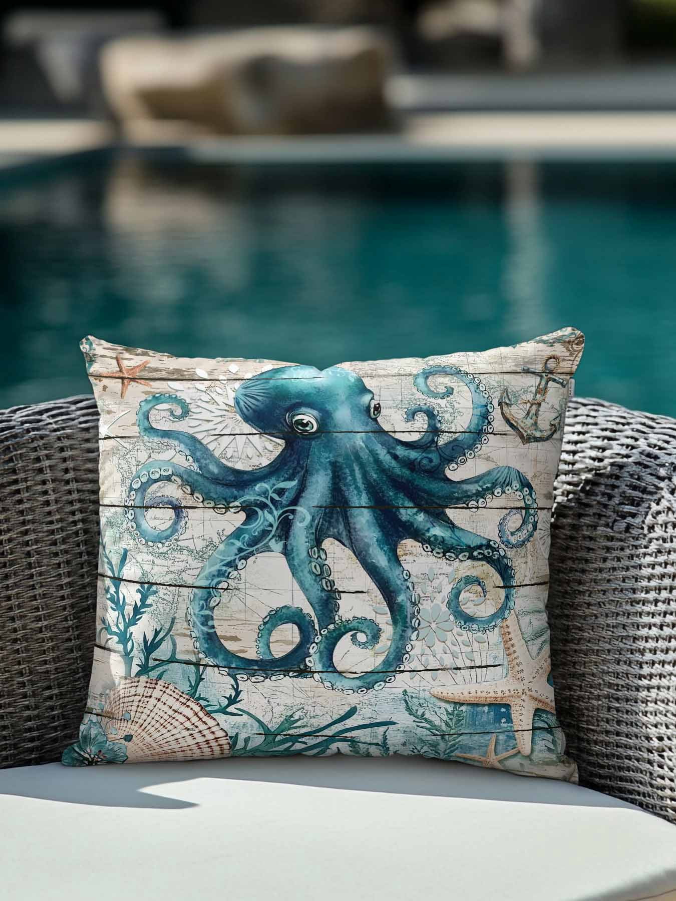 Outdoor Pillows Waterproof, Teal Octopus Coastal Bedding Throw Pillows with Insert for Couch Sofa Bed, Summer Beach Nautical Starfish Retro 18x18 Inch Pillowcases Decorative Patio Pillow Set of 1