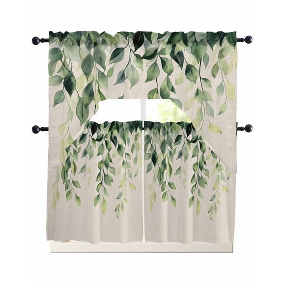 Green Eucalyptus Vines Kitchen Curtains Sets 24 Inch Length with Valance, Spring Vintage Botanical Leaves Swag Valances and Tiers Curtain Set Drapes Swag Curtains for Living Room, Bathroom, Bedroom