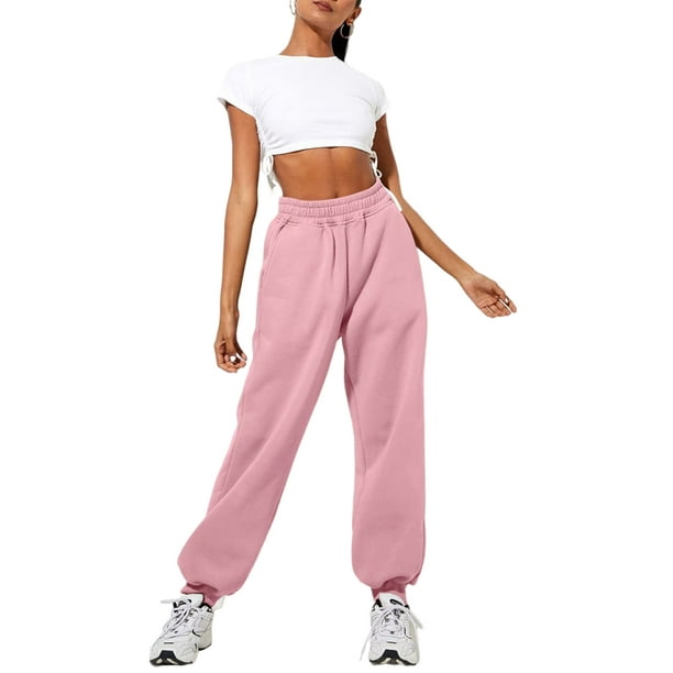 Fashnice pantalons pour femmes pantalons de survêtement de couleur unie  pantalons de jogging taille haute bas de sport décontractés Rose XL 