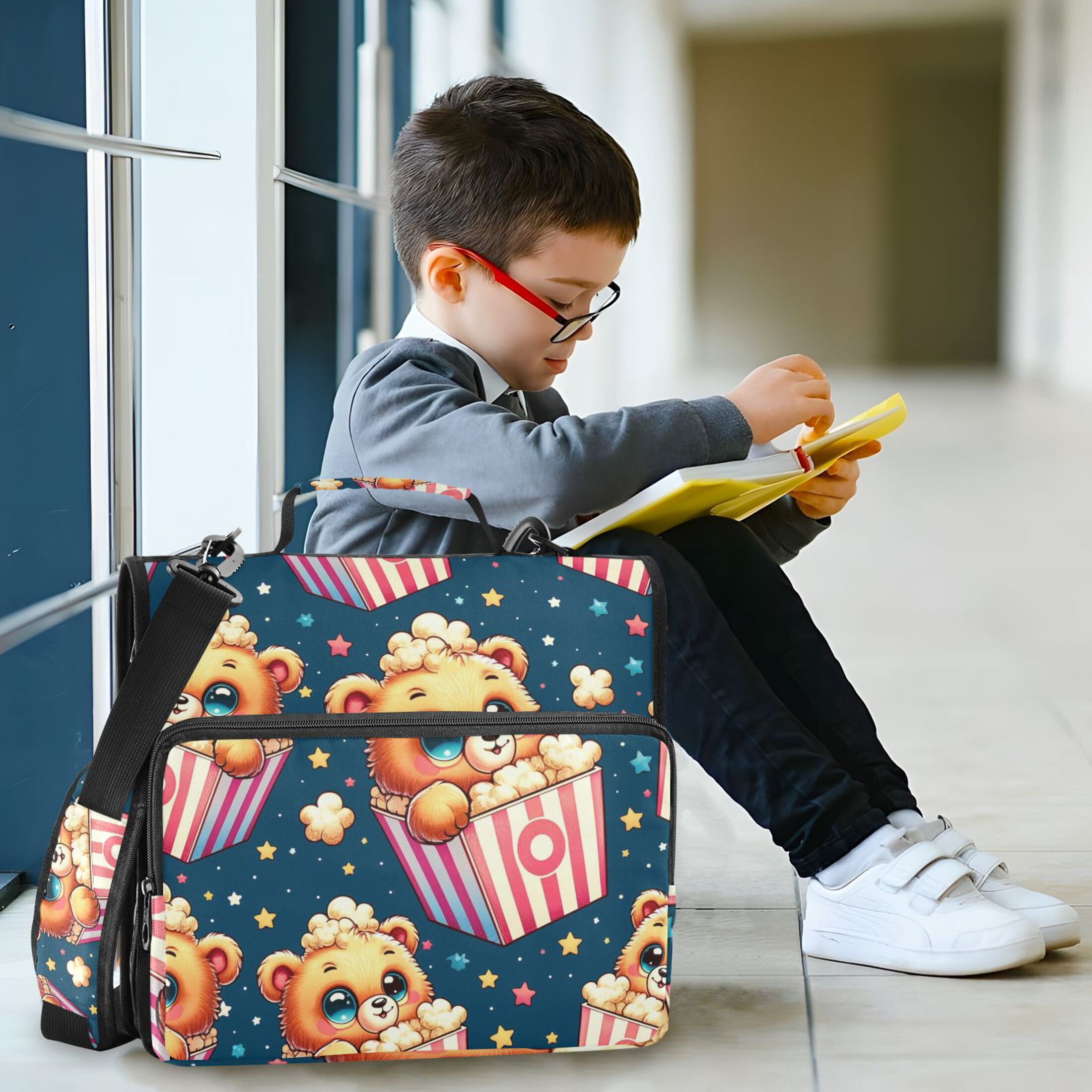 3 Ring Zipper Binder with Shoulder Strap Waterproof Trapper Keeper 2 Inch D-Ring 500 Sheets Capacity Cute Bear in Popcorn