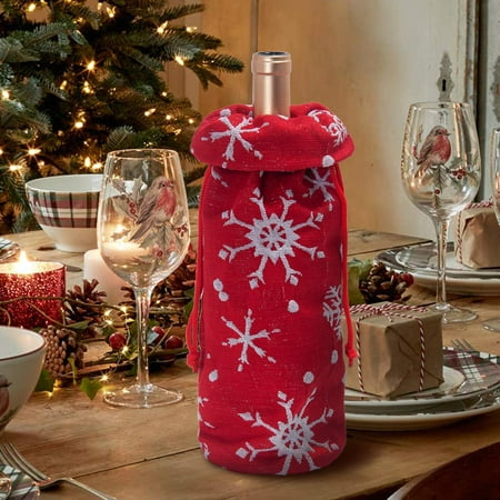 Wine Bottle Cover Bag Drawstring Christmas Xmas Decoration Holiday Party Gift Candy Wrap Red White