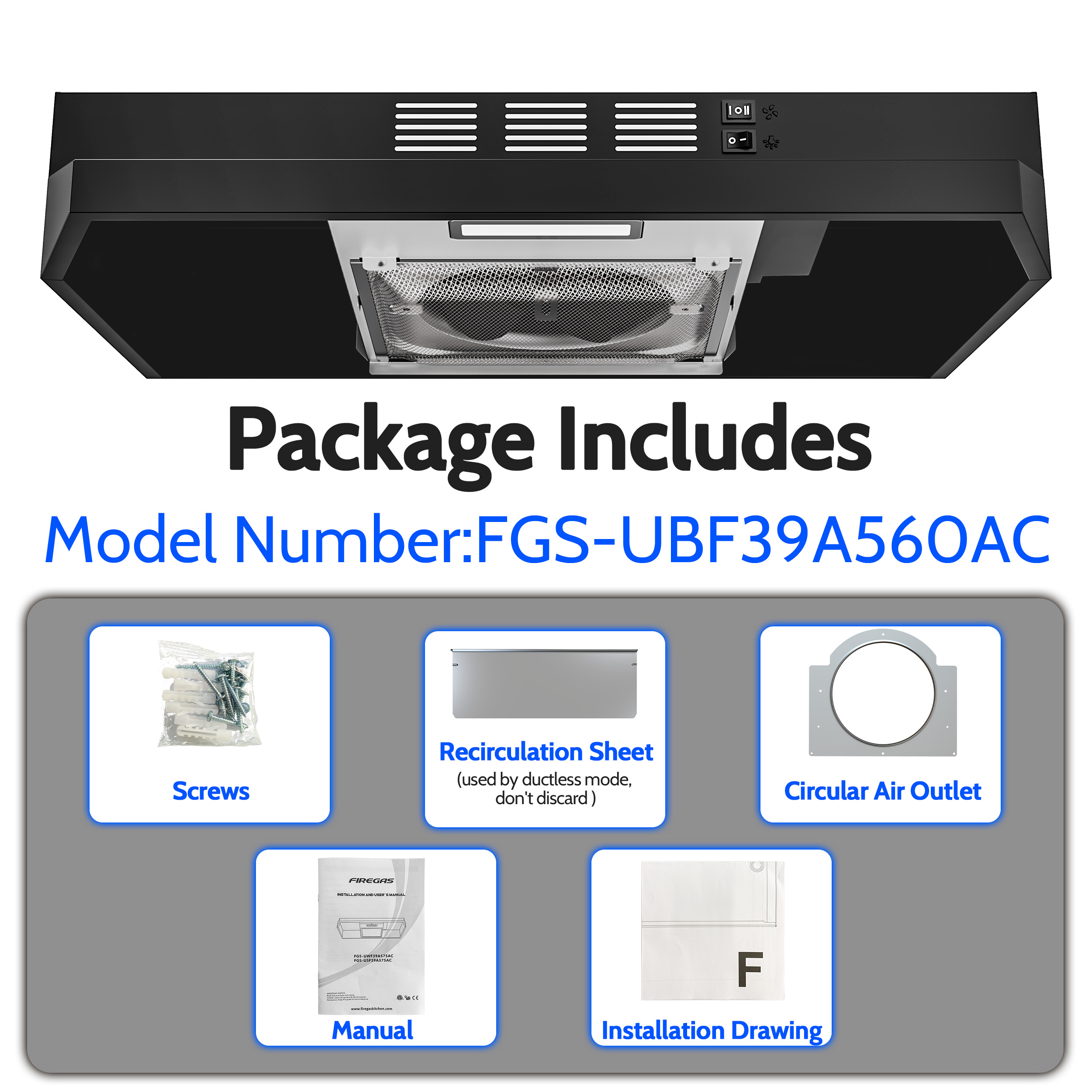 FIREGAS Black Range Hood 24 inch Under Cabinet Range Hood with 2 Speed Exhaust Fan,Ducted/Ductless Convertible,Rocker Button Control,300 CFM,Aluminum Filter