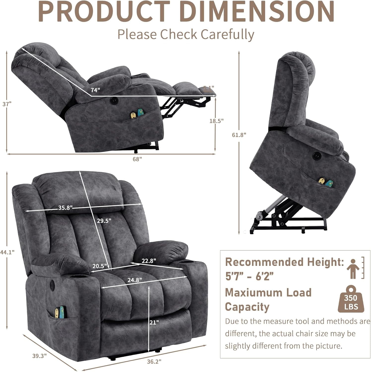 EPICOZY Large Power Lift Recliner Chair for Elderly Tall Man, Overstuffed Widen Massage Electric Recliner with Heat Vibration, Extended Footrest, Cup Holders, Side Pockets & USB Ports, Fabric Grey