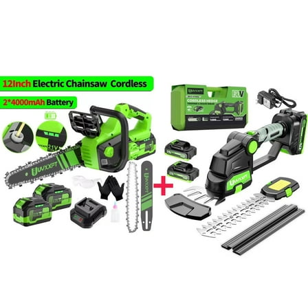 TASHHAR 12 Inch Cordless Electric Chainsaw 2 Battery with SK5 Steel 6"/8" 21 Volts Cordless Hedge Trimmer