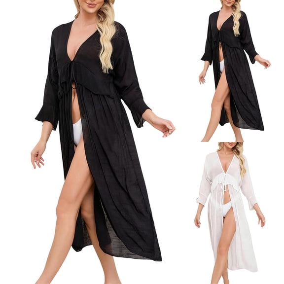 AGWOLF Long Sleeve Flowy Swimsuit Coverup for Women Tie Front Robe Cover Up Sheer Mesh Bathing Suit Coverups Beach Cover Ups Vacation Resort Wear White Free Size