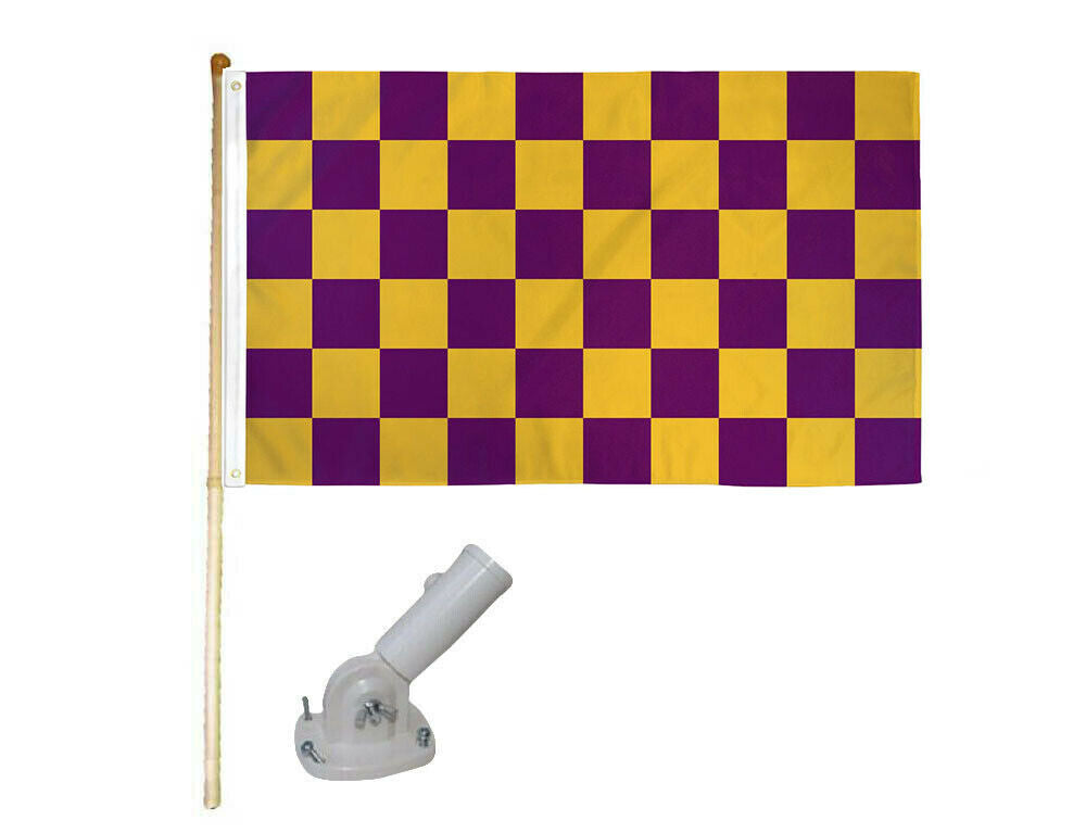 5' Wood Flag Pole Kit W/ Nylon White Bracket 3x5 Purple Gold Checkered