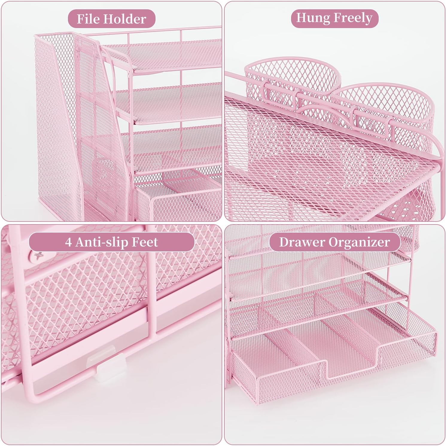 Desk Organizers and Accessories with File Holder, 4-Tier Desk Accessories & Workspace Organizers with Drawer and 2 Pen Holder, Paper Organizer for Office Supplies (Pink)