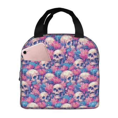 Insulated Lunch Bag for Women Men - white Skull blue flower Leakproof Cooler Lunch Box for Women Men  Lunch Tote Bags for Work School Picnic Travel