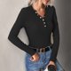 thumbnail image 2 of Tops de punto con cuello en V para mujer Otoño Invierno Clásico Casual Color puro Manga larga Tops de punto acanalado para fiesta Trabajo Salida Negro L, 2 of 6