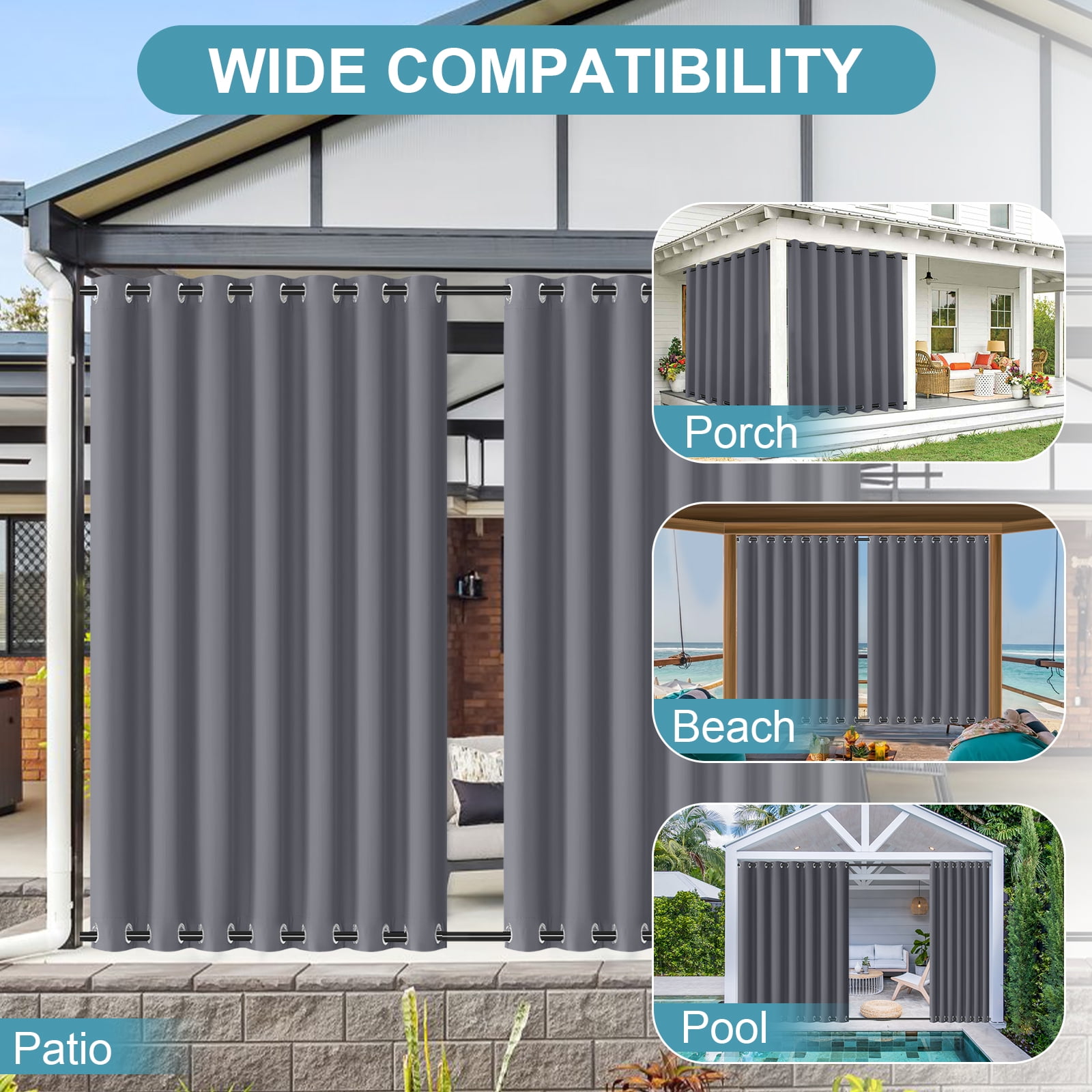 DONGPAI 100" Wide Outdoor Curtains for Patio Waterproof Blackout Privacy UV Resistant with Top and Bottom Grommet for Porch, Gazebo, Pergola, 100"x 96", Dark Gray, 1 Panel