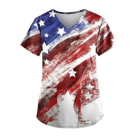 

Sksloeg Independence Day Scrub Top for Women American Flag Star Print Patriotic Top Short Sleeve V-Neck Shirts Tee Tops with Pockets Nursing Working Uniform Red XXXXXL