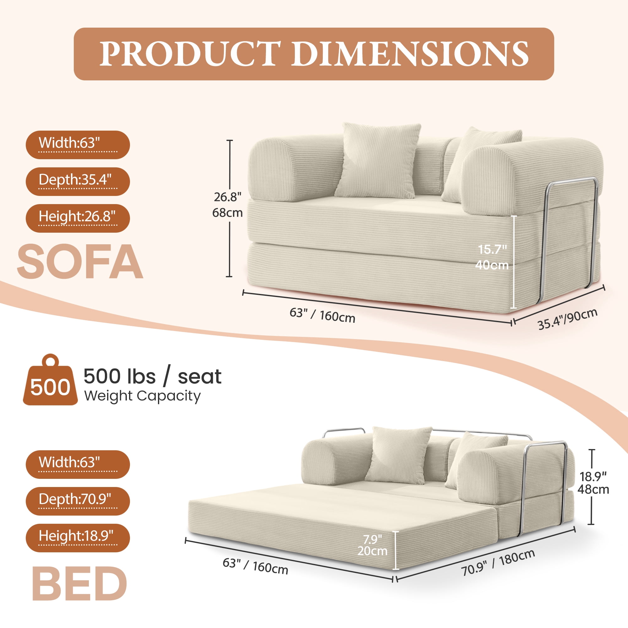 COOLHUT 63" W Combination Sofa, High Rebound Density Foam Sofa Couch, Two Forms Floor Couch Three Seats Sofa Bed for Living Room, Bedroom, Beige