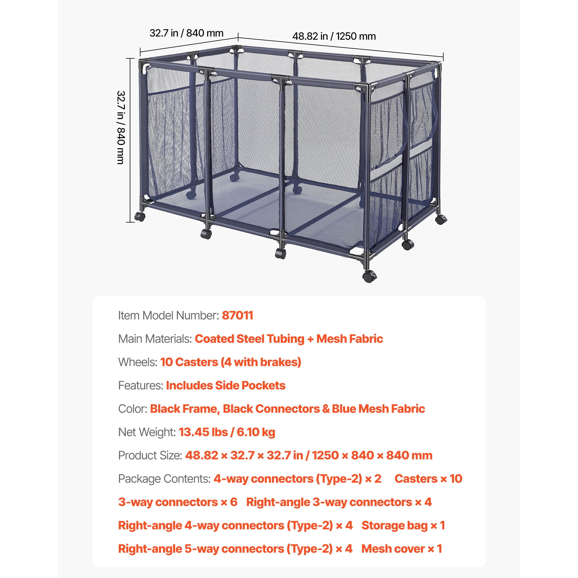 KFFKFF Pool Storage Bin, 48.8 x 32.7 x 32.7 in, Rolling Organizer with Side Pockets & Wheels, Durable Metal Frame, Poolside Toy and Noodle Holder with Mesh Basket for Swimming Areas