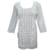 Mogul Womens Embroidered Indian Tunic Blouse White Cotton Top Shirt Dress