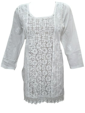 Mogul Womens Embroidered Indian Tunic Blouse White Cotton Top Shirt Dress