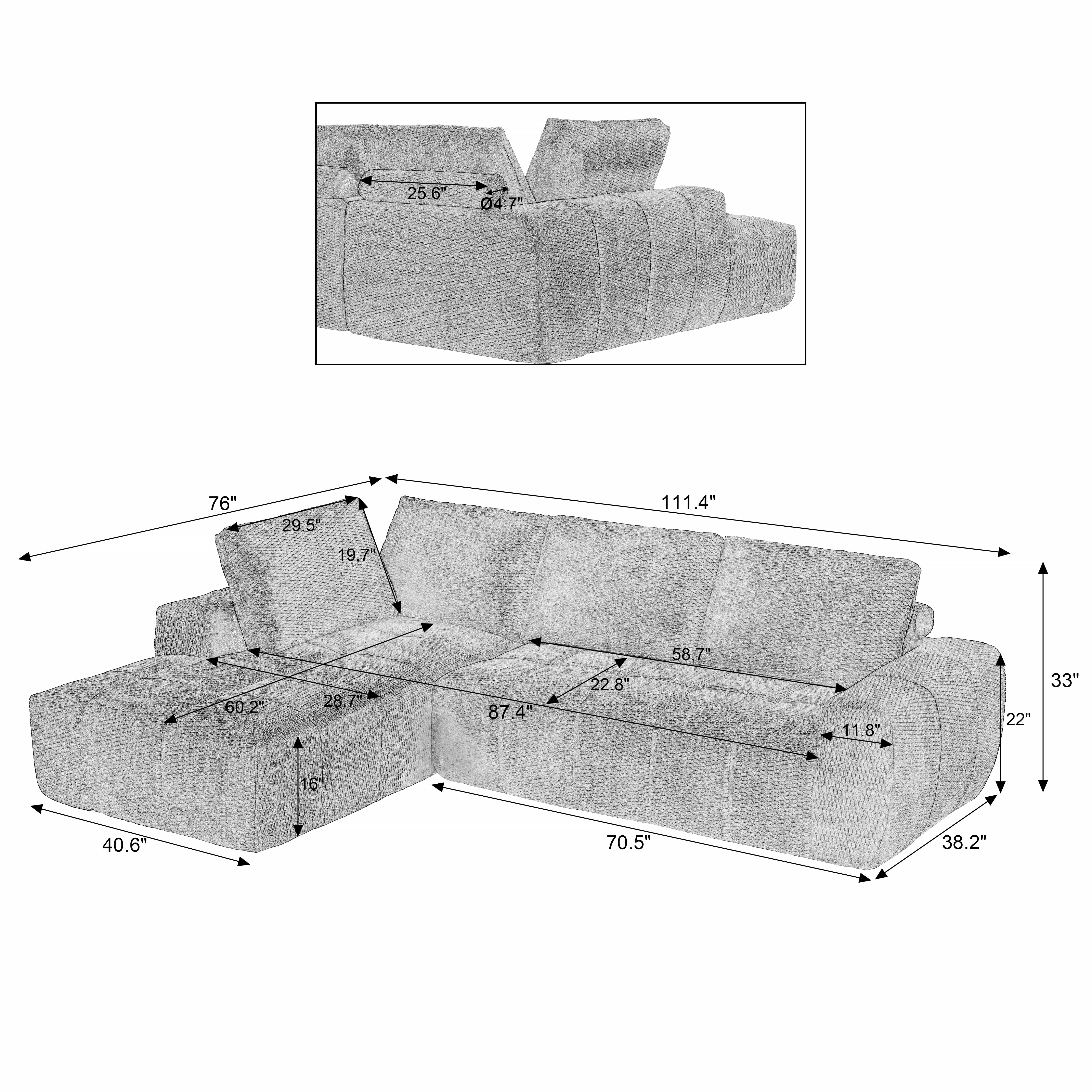 MAYEERTY Faux Fur L-Shape Oversized Sectional Sofa, Minimalist & Comfy Sleeper Couch for Living Room, 102×65" Gray