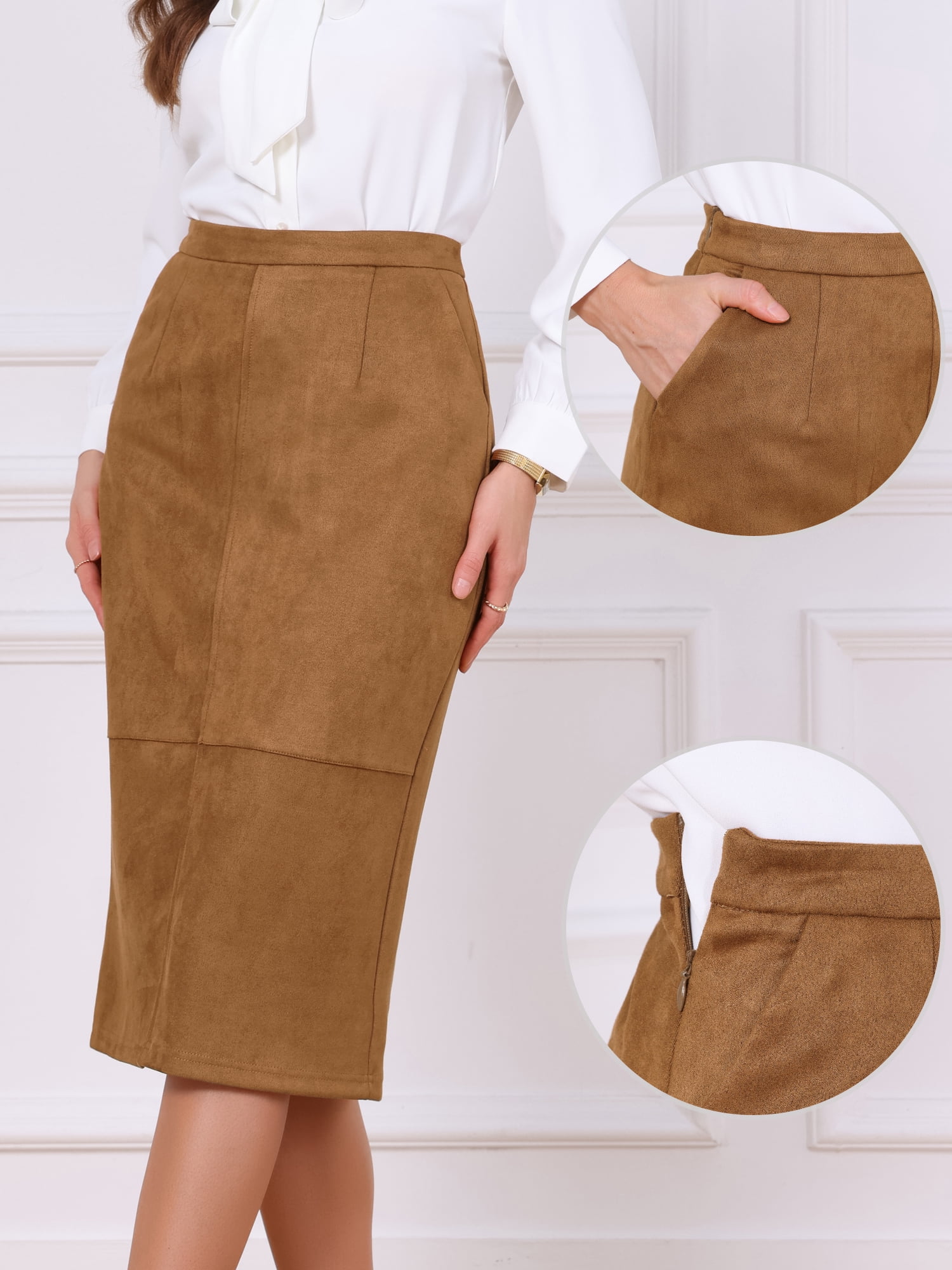DARING DIVA Women's Faux Suede Skirt High Waist Vintage Skirts S Caramel