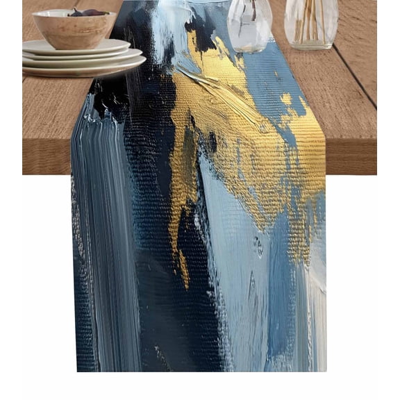 Table Runner 72 Inches Long for Kitchen Dining, Blue Black Yellow Oil Painting Dresser Scarf Farmhouse, Dining Table Decorations for Wedding/Parties, Modern Abstract 16 x 72 In