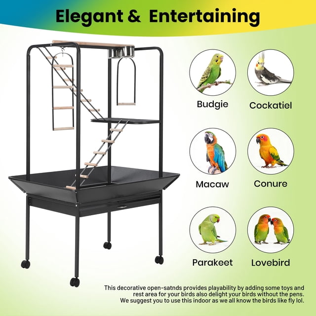 EDTara Large 64" Bird Cage With Play Center, Features Lockable Casters, Rotating Ring, Removable Tray, Perches, and Ladders for Indoor and Outdoor Use