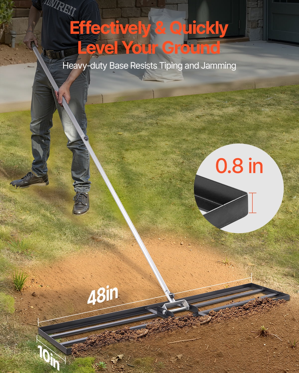 VEVOR Lawn Leveling Rake, Lawn Leveler with 83.9 in Handle, 48x10 in Ground Plate, Rust-Resistant Carbon Steel Soil Leveler, 2 Heights Adjustable, Effort Saving Lawn Leveling Tool