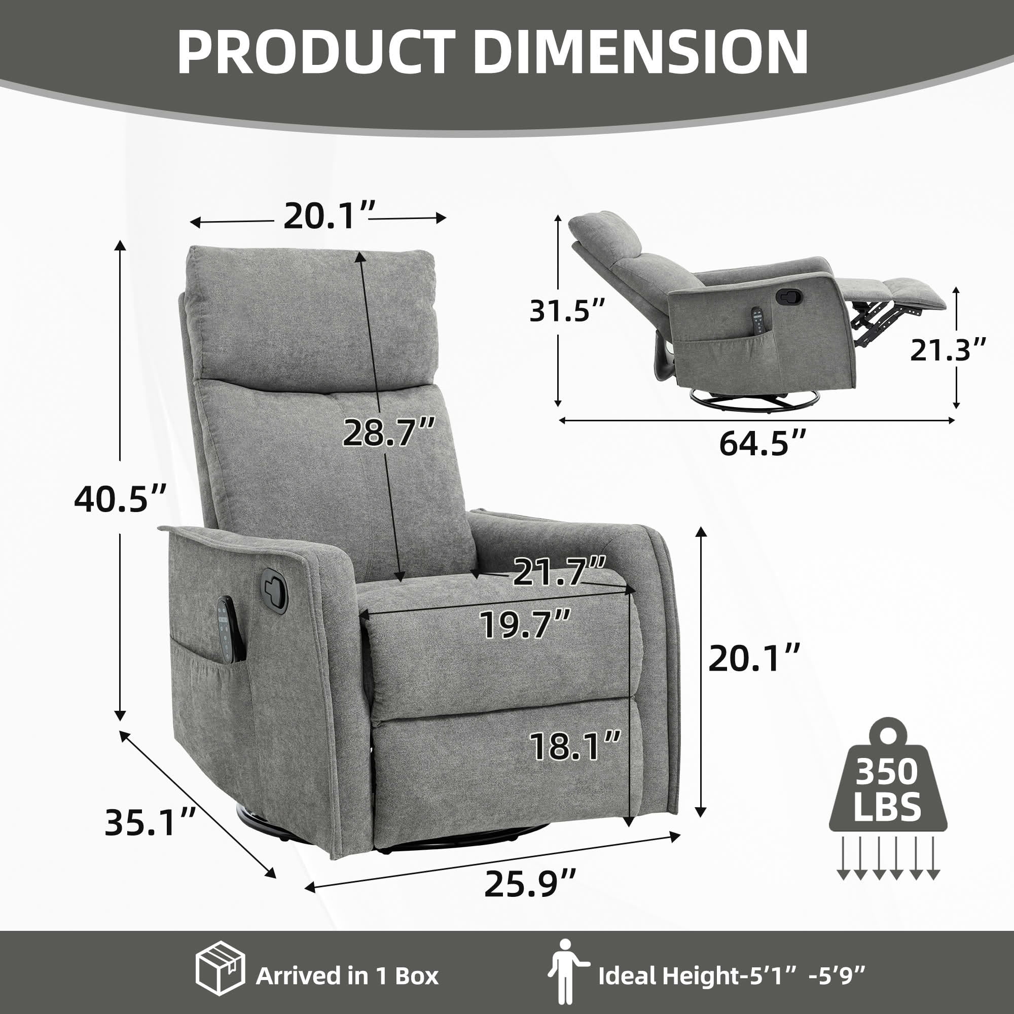 MAYEERTY Beige Faux Leather Heat Massage Recliner Chair, 360° Swivel Rocker 26"x35"x39" for Living Room