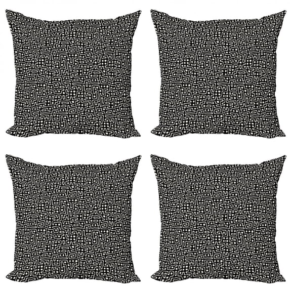 Geometric Throw Pillow Cushion Case Pack of 4, Maze Lines with Dots Monochrome Abstract Design Hand Drawn Labyrinth, Modern Accent Double-Sided Print, 4 Sizes, Charcoal Grey and Ivory, by Ambesonne