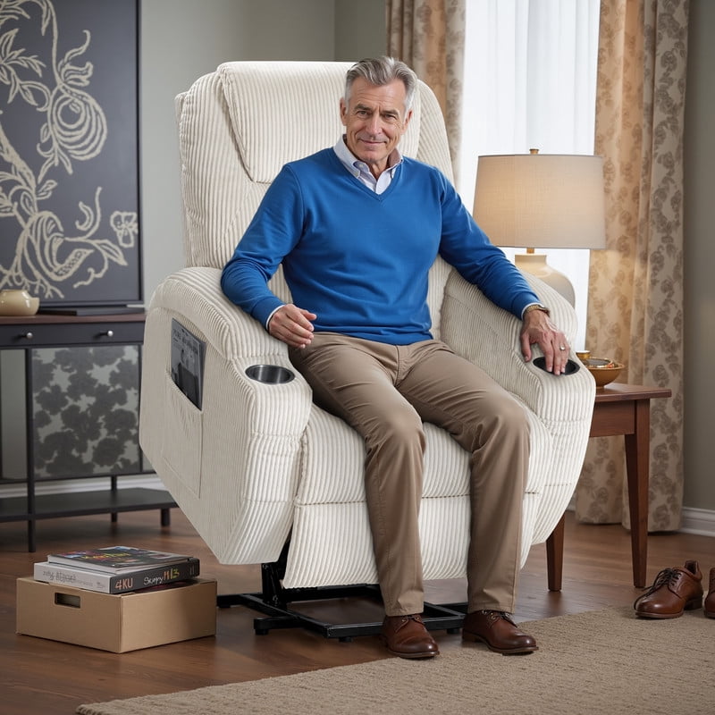 Homall Power Lift Massage Recliner Chair with Eight Vibrating Massages Ergonomic Chair with Side Pocket and Soft Corduroy for Living Room,Beige