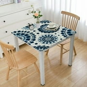 nygtbtfer Spring Blue Tie Dye Flannel Backed Vinyl Tablecloth, Rectangle, Blue and White Circular Tie Dye and Print Vinyl Tablecloth with Flannel Backing
