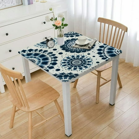 nygtbtfer Spring Blue Tie Dye Flannel Backed Vinyl Tablecloth, Rectangle, Blue and White Circular Tie Dye and Print Vinyl Tablecloth with Flannel Backing