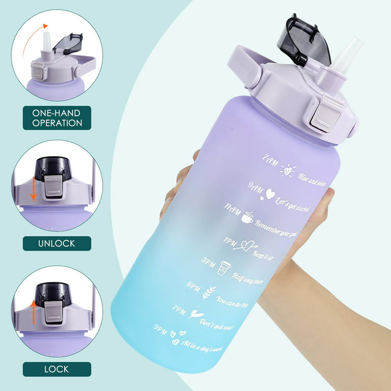 Odomy 2L Extra Large Plastic Motivational Water Bottle with Handle & Removable Straw Water Jug to Ensure You Drink Enough Water Daily, Purple