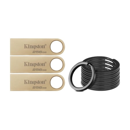 Kingston DataTraveler SE9 G3 USB 3.2 Gen 1 Flash Drive with All-Metal Gold Casing (128GB) (3-Pack) Bundle with Focus Camera Stainless Steel Keyrings (10-Pack) (4 Items)