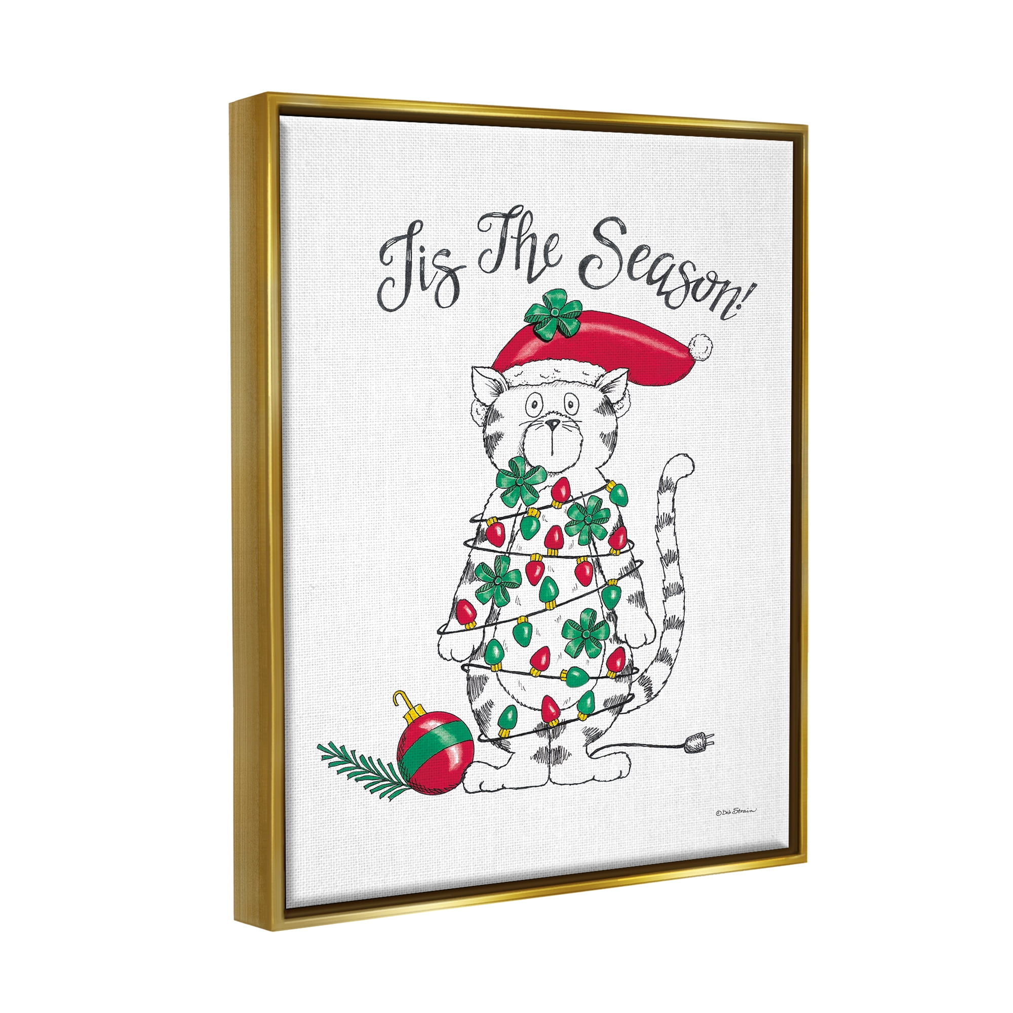 Stupell Industries Tis The Season Cat Holiday Painting Gold Floater Framed Art Print Wall Art, 25 x 31