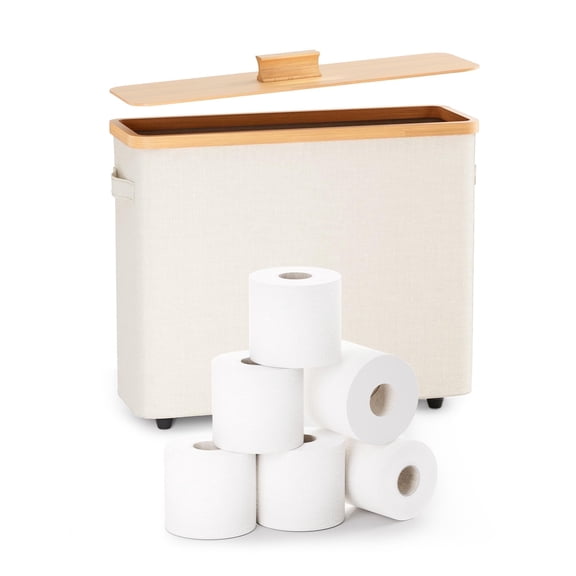 Toilet Paper Storage Stand, Toilet Paper Basket with Lid for 12-Roll Standard Toilet Paper Holder, Bamboo Toilet Paper Organizer for Bathroom with Footbase Ultimate Bathroom Organizer (Beige)