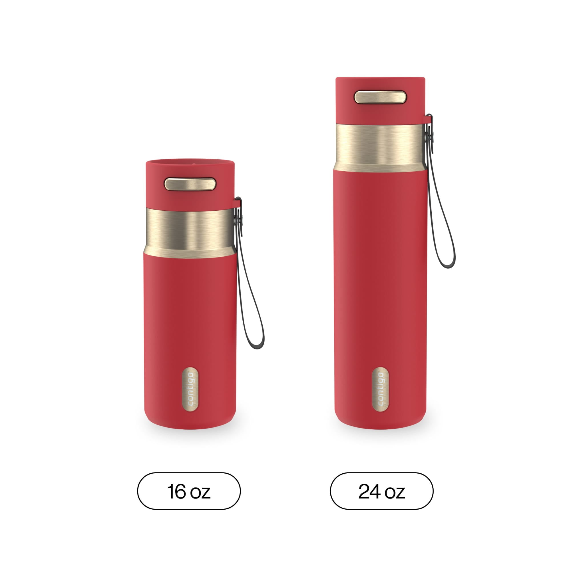 Contigo 16 oz Stainless Steel Water Bottle, Leak-Proof, Hot & Cold Insulated, Travel, Gym & Office Friendly, Carry Strap, Red/Champagne