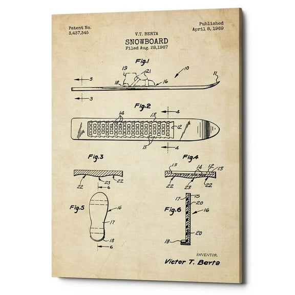 Epic Graffiti  "Snowboard, 1969 Blueprint Parchment Patent" Giclee Canvas Wall Art, 12"x18"