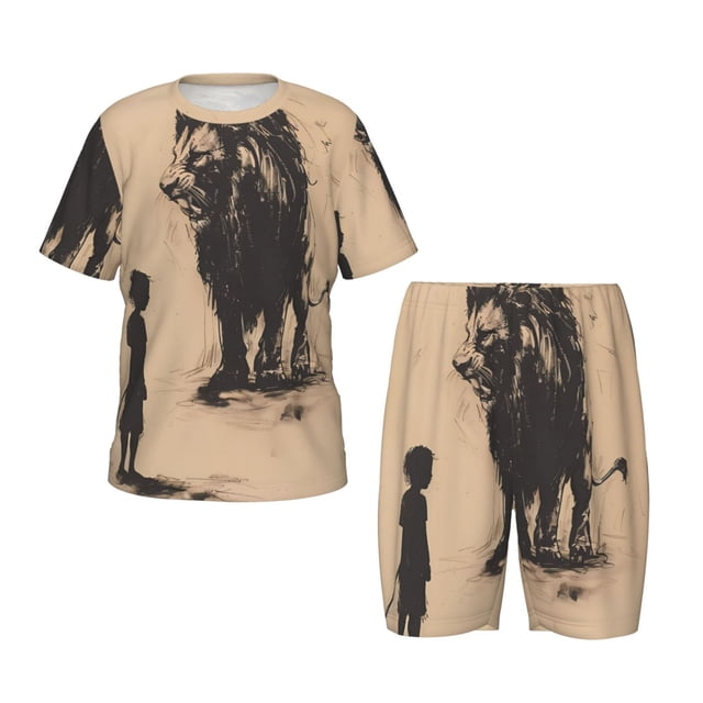 Balery Child And Lion Sketch Conjunto de Pijama Infantil de Manga Corta con Estampado – Ropa de Dormir de Algodón Suave-Medium