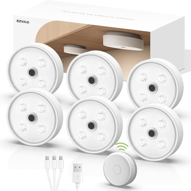 Luces LED Puck EZVALO Recargables Inalámbricas con Control Remoto Paquete de 6
