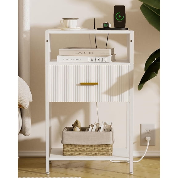 JOONEE White Side Table, Modern Nightstand with Drawer, Fluted Bedside Table with 3 Storage Shelves for Living Room, Bedroom (White-Outlet)