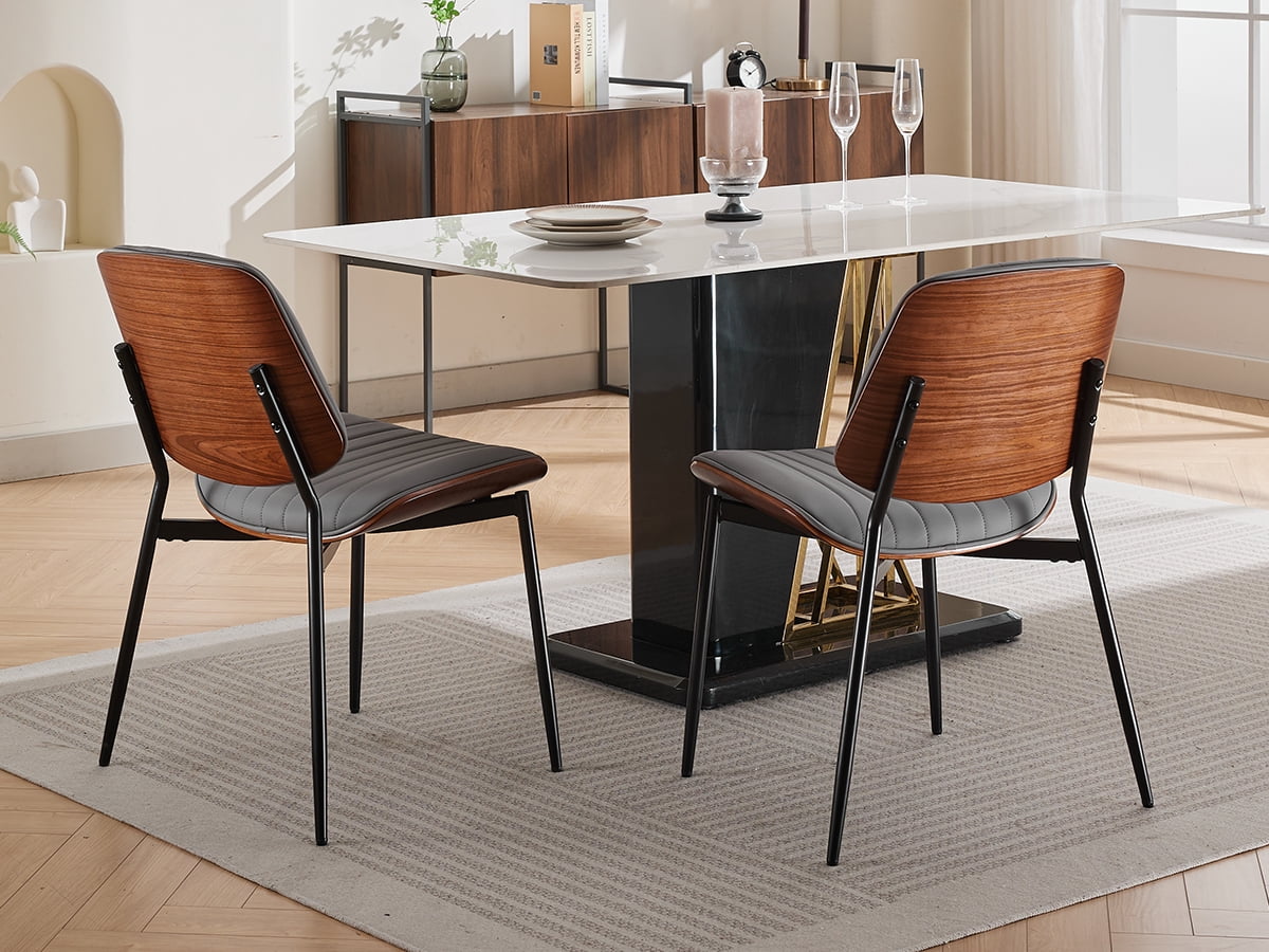 Mid Century Modern Dining Chairs Set of 4, Grey Kitchen & Dining Room Chairs Set of 4, Upholstered PU Leather Kitchen Chairs for Dining Table, Sillas de Comedor, Metal Leg, Walnut Back (Grey, 4 Pcs)