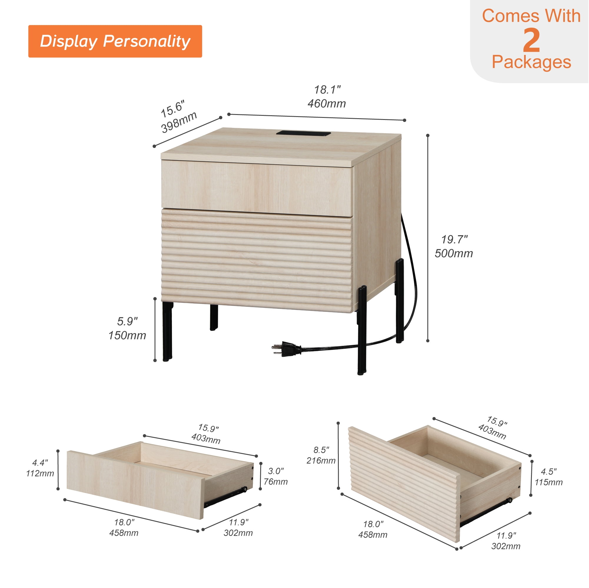 Modern Minimalist Nightstand Set Of 2, Reeded Wood End Table Set Of 2 With Built-In Charging Station For Bedroom, Living Room,Entryway