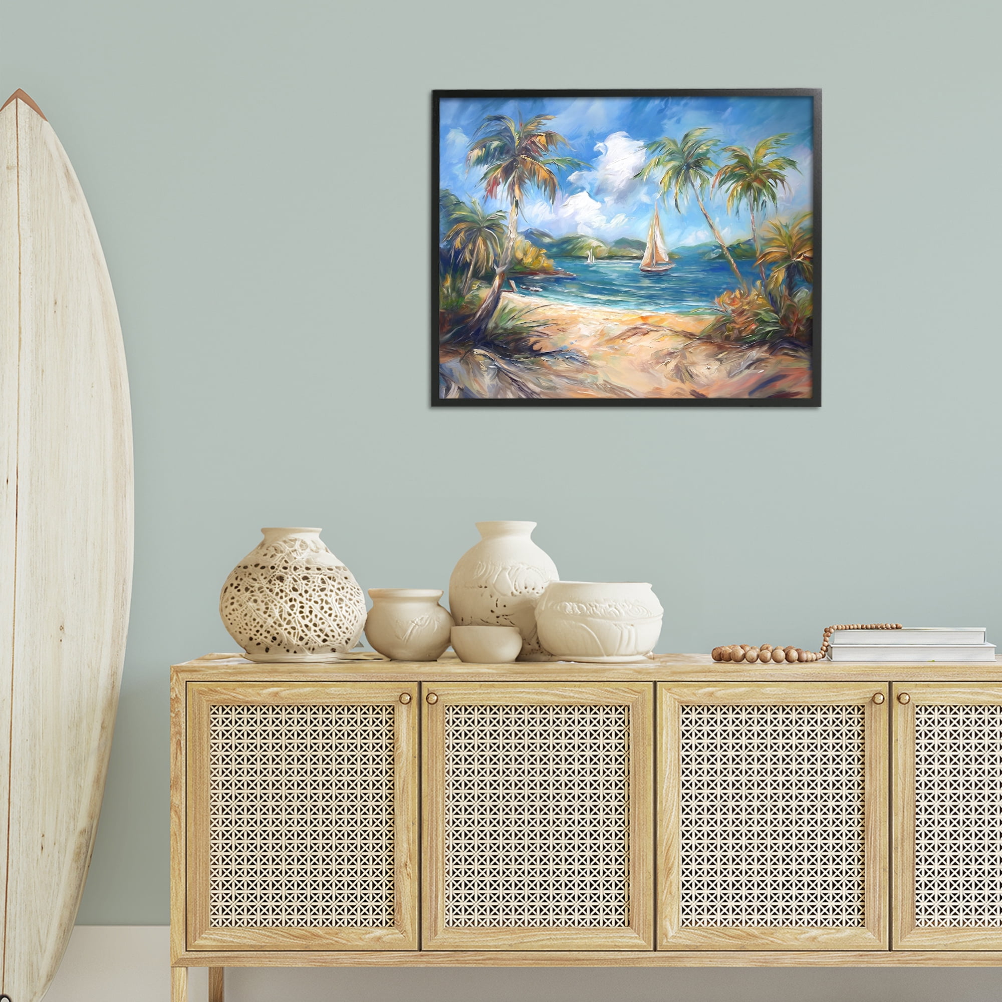 Stupell Industries Paradise Beach Harbor Coastal Painting Black Framed Art Print Wall Art, 30 x 24